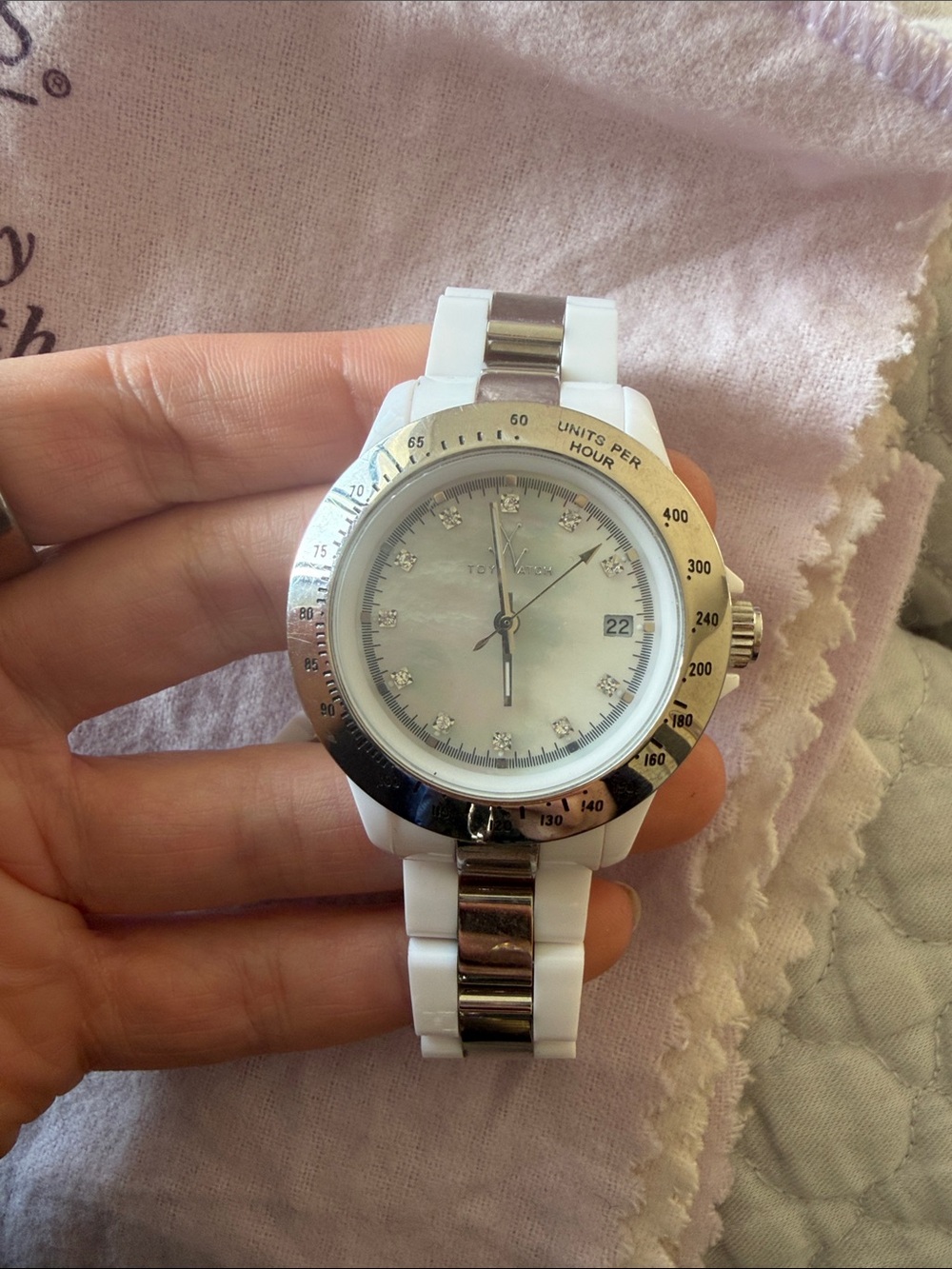 Toy Watch white and Silver Ceramic Link Watch with Mother-of-Pearl Dial